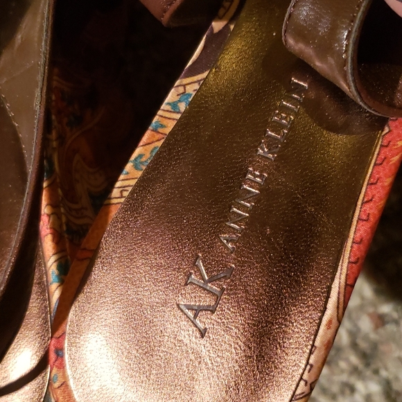**LIGHTLY WORN** Anne Klein Brown Leather and Multi-Colored Satin Wedges - Picture 3 of 5